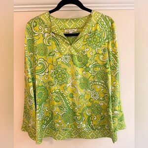 St. John Green Floral Print Silk Blouse